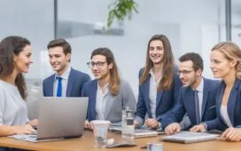 Ein sonnendurchflutetes, modernes Großraumbüro, in dem diverse Mitarbeiterinnen und Mitarbeiter entspannt und konzentriert gemeinsam an Laptops und digitalen Assistenzsystemen arbeiten, während warme Holztöne und natürliche Pflanzen eine einladende, vertrauensvolle Atmosphäre schaffen und den kulturellen Wandel im Umgang mit KI symbolisieren.