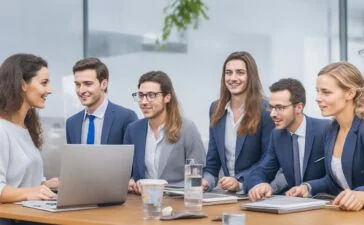 Ein sonnendurchflutetes, modernes Großraumbüro, in dem diverse Mitarbeiterinnen und Mitarbeiter entspannt und konzentriert gemeinsam an Laptops und digitalen Assistenzsystemen arbeiten, während warme Holztöne und natürliche Pflanzen eine einladende, vertrauensvolle Atmosphäre schaffen und den kulturellen Wandel im Umgang mit KI symbolisieren.