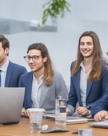 Ein sonnendurchflutetes, modernes Großraumbüro, in dem diverse Mitarbeiterinnen und Mitarbeiter entspannt und konzentriert gemeinsam an Laptops und digitalen Assistenzsystemen arbeiten, während warme Holztöne und natürliche Pflanzen eine einladende, vertrauensvolle Atmosphäre schaffen und den kulturellen Wandel im Umgang mit KI symbolisieren.