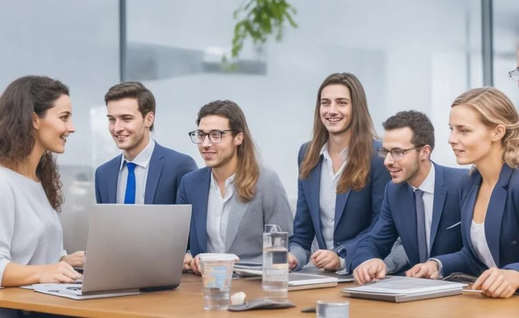 Ein sonnendurchflutetes, modernes Großraumbüro, in dem diverse Mitarbeiterinnen und Mitarbeiter entspannt und konzentriert gemeinsam an Laptops und digitalen Assistenzsystemen arbeiten, während warme Holztöne und natürliche Pflanzen eine einladende, vertrauensvolle Atmosphäre schaffen und den kulturellen Wandel im Umgang mit KI symbolisieren.