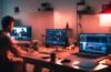 Ein warm erleuchtetes Redaktionstudio, in dem eine junge, nachdenkliche Kreativschaffende mit modernem Laptop vor Cinematic-Hintergrund aus Kamera-Equipment und Bildschirmen sitzt, umgeben von sanftem Tageslicht und lebendigem Farbenspiel, das die spannende Verbindung zwischen digitaler Kunst, KI-Technologie und menschlicher Inspiration sichtbar macht.