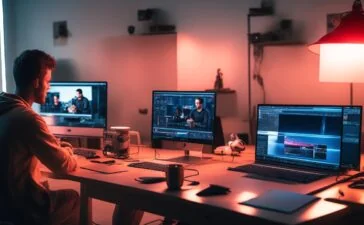 Ein warm erleuchtetes Redaktionstudio, in dem eine junge, nachdenkliche Kreativschaffende mit modernem Laptop vor Cinematic-Hintergrund aus Kamera-Equipment und Bildschirmen sitzt, umgeben von sanftem Tageslicht und lebendigem Farbenspiel, das die spannende Verbindung zwischen digitaler Kunst, KI-Technologie und menschlicher Inspiration sichtbar macht.