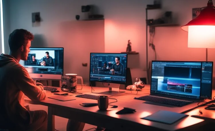 Ein warm erleuchtetes Redaktionstudio, in dem eine junge, nachdenkliche Kreativschaffende mit modernem Laptop vor Cinematic-Hintergrund aus Kamera-Equipment und Bildschirmen sitzt, umgeben von sanftem Tageslicht und lebendigem Farbenspiel, das die spannende Verbindung zwischen digitaler Kunst, KI-Technologie und menschlicher Inspiration sichtbar macht.