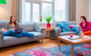 Ein strahlend heller, natürlicher Moment in einem modernen Wohnzimmer, in dem eine nachdenkliche junge Frau entspannt auf dem Sofa sitzt und konzentriert auf ihrem Laptop mit ChatGPT interagiert, während neben ihr ein bunter Lottoschein und eingestreute Geldauszahlungen liegen – die Szene vermittelt optimistische Neugier und die Wärme digitaler Hoffnung zwischen Technologie und Glücksspiel.