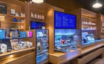 Ein warm ausgeleuchtetes, modernes Starbucks-Café in natürlichem Tageslicht, wo ein lächelnder Barista mit freundlicher Gestik eine Bestellung entgegen nimmt, während im Hintergrund dezente Technik-Displays und Tablets auf den Einsatz intelligenter Automatisierung hinweisen – eine lebendige Szene, die Menschlichkeit und Fortschritt harmonisch verbindet.