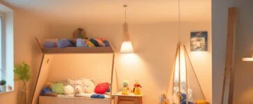 Ein warm beleuchtetes Kinderzimmer, in dem ein lächelndes Kleinkind vertrauensvoll mit einem modernen, freundlichen KI-Spielzeug interagiert, umgeben von sanften Naturtönen und natürlichem Tageslicht, das eine harmonische Atmosphäre von Geborgenheit und kindlicher Neugier ausstrahlt.