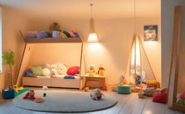 Ein warm beleuchtetes Kinderzimmer, in dem ein lächelndes Kleinkind vertrauensvoll mit einem modernen, freundlichen KI-Spielzeug interagiert, umgeben von sanften Naturtönen und natürlichem Tageslicht, das eine harmonische Atmosphäre von Geborgenheit und kindlicher Neugier ausstrahlt.