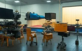 Ein warm beleuchtetes, detailreiches Filmrestaurationslabor mit faszinierten Expertinnen und Experten, die an modernster KI-Technologie arbeiten, während auf alten Filmrollen und Bildschirmen die digitalen Wiederbelebungen verlorener Klassiker lebendig werden – ein heller, einladender Moment voller Hoffnung und kreativer Zukunft.