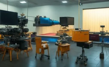 Ein warm beleuchtetes, detailreiches Filmrestaurationslabor mit faszinierten Expertinnen und Experten, die an modernster KI-Technologie arbeiten, während auf alten Filmrollen und Bildschirmen die digitalen Wiederbelebungen verlorener Klassiker lebendig werden – ein heller, einladender Moment voller Hoffnung und kreativer Zukunft.