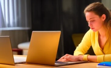 Eine moderne Büroszene in warmem Tageslicht, in der eine nachdenkliche junge Frau konzentriert auf ihren Laptop schaut, während im Hintergrund dezent ein Kollege im Gespräch ist – symbolisch für den sensiblen Umgang mit digitalen Nachrichten und den Schutz vor cleveren Cyberangriffen durch KI.