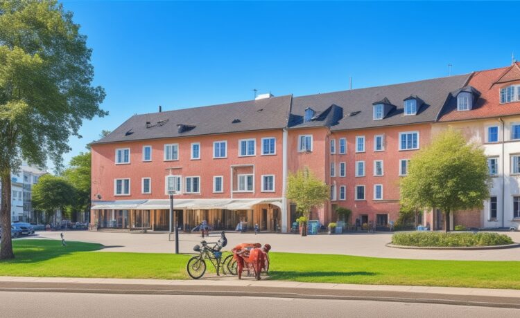 Sonnendurchflutetes Stadtbild mit modernen Glasfaserkabeln, die dynamisch von Handwerkern verlegt werden, während im Hintergrund Familien entspannt im Grünen zusammenarbeiten und digitale Geräte nutzen – ein harmonisches Zusammenspiel von Fortschritt, Gemeinschaft und digitaler Zukunft unter strahlend blauem Himmel.