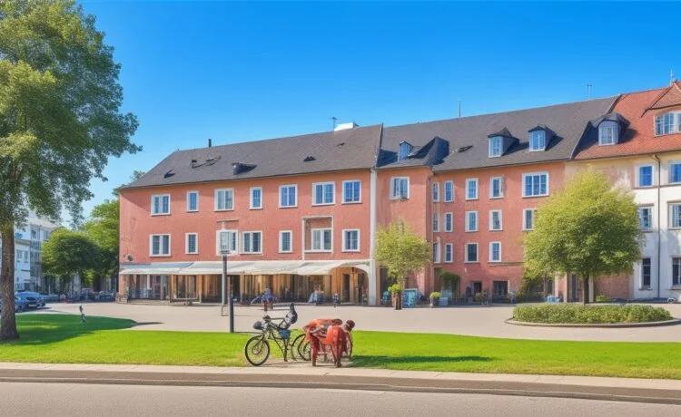 Sonnendurchflutetes Stadtbild mit modernen Glasfaserkabeln, die dynamisch von Handwerkern verlegt werden, während im Hintergrund Familien entspannt im Grünen zusammenarbeiten und digitale Geräte nutzen – ein harmonisches Zusammenspiel von Fortschritt, Gemeinschaft und digitaler Zukunft unter strahlend blauem Himmel.