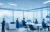 Ein lichtdurchflutetes, modernes Büro mit IT-Experten in konzentrierter Diskussion vor mehreren großen Bildschirmen, die komplexe Cloud- und Virtualisierungsdaten zeigen, während warme Sonnenstrahlen durch großflächige Fenster fallen und eine Atmosphäre von Aufbruch und neugieriger Analyse schaffen.