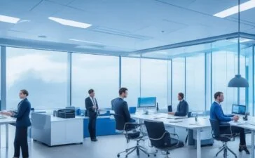 Ein lichtdurchflutetes, modernes Büro mit IT-Experten in konzentrierter Diskussion vor mehreren großen Bildschirmen, die komplexe Cloud- und Virtualisierungsdaten zeigen, während warme Sonnenstrahlen durch großflächige Fenster fallen und eine Atmosphäre von Aufbruch und neugieriger Analyse schaffen.