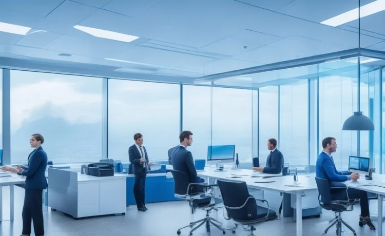 Ein lichtdurchflutetes, modernes Büro mit IT-Experten in konzentrierter Diskussion vor mehreren großen Bildschirmen, die komplexe Cloud- und Virtualisierungsdaten zeigen, während warme Sonnenstrahlen durch großflächige Fenster fallen und eine Atmosphäre von Aufbruch und neugieriger Analyse schaffen.