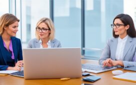 Eine sympathische, professionelle junge Frau mit offenem Lächeln sitzt in hellem, modernem Büro bei natürlichem Tageslicht vor einem Laptop, umgeben von dezent technikaffinen Details, die ihren Weg als kreative KI-Unternehmerin widerspiegeln – warm, einladend und voller positiver Energie.