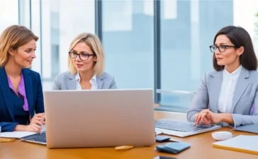 Eine sympathische, professionelle junge Frau mit offenem Lächeln sitzt in hellem, modernem Büro bei natürlichem Tageslicht vor einem Laptop, umgeben von dezent technikaffinen Details, die ihren Weg als kreative KI-Unternehmerin widerspiegeln – warm, einladend und voller positiver Energie.