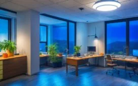 Ein warm erleuchtetes Büro mit entspannt lachenden Entwickler:innen, die in einem kreativen Chaos aus Monitoren, Codezeilen und Kaffeetassen vertieft sind, während natürliches Tageslicht freundlich durch große Fenster fällt und den lebhaften, humorvollen Alltag im Programmierteam einfängt.