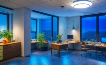 Ein warm erleuchtetes Büro mit entspannt lachenden Entwickler:innen, die in einem kreativen Chaos aus Monitoren, Codezeilen und Kaffeetassen vertieft sind, während natürliches Tageslicht freundlich durch große Fenster fällt und den lebhaften, humorvollen Alltag im Programmierteam einfängt.