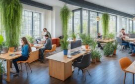 Eine lebendige Aufnahme junger Menschen in einem modernen, lichtdurchfluteten Co-Working-Space, die konzentriert an Laptops und Tablets arbeiten, umgeben von warmen Holztönen und natürlichen Pflanzen, während natürliches Sonnenlicht durch große Fenster fällt und eine Atmosphäre von Hoffnung, Engagement und zukunftsweisender Technologie vermittelt.