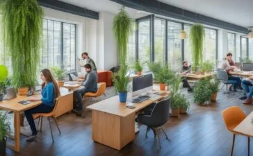 Eine lebendige Aufnahme junger Menschen in einem modernen, lichtdurchfluteten Co-Working-Space, die konzentriert an Laptops und Tablets arbeiten, umgeben von warmen Holztönen und natürlichen Pflanzen, während natürliches Sonnenlicht durch große Fenster fällt und eine Atmosphäre von Hoffnung, Engagement und zukunftsweisender Technologie vermittelt.