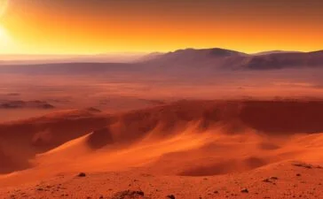 Ein sonnenbeschienener Rover Perseverance erkundet im warmen Licht des Marsmorgens inmitten zerklüfteter roter Felsen und feiner Staubwolken eine uralte, feuchte Delta-Landschaft, deren natürliche Details und lebendige Farben die spannenden chemischen Spuren eines möglichen früheren Lebens erahnen lassen.