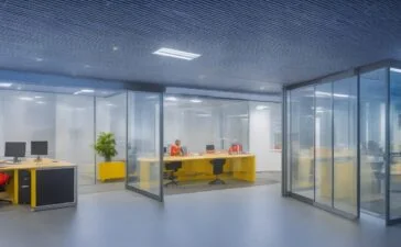 Ein lebhaft beleuchtetes, modernes Büro mit einem entspannten Entwicklerteam, das bei natürlichem Tageslicht konzentriert an moderner Softwarearchitektur rund um Container-Registries arbeitet, während warme Farbtöne und ein einladendes Ambiente den Innovationsgeist und die teamorientierte Atmosphäre hervorheben.