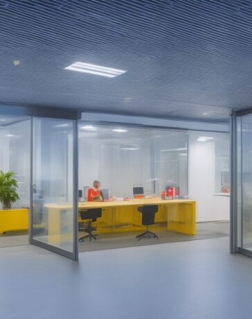 Ein lebhaft beleuchtetes, modernes Büro mit einem entspannten Entwicklerteam, das bei natürlichem Tageslicht konzentriert an moderner Softwarearchitektur rund um Container-Registries arbeitet, während warme Farbtöne und ein einladendes Ambiente den Innovationsgeist und die teamorientierte Atmosphäre hervorheben.