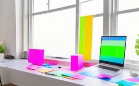 Ein heller, freundlicher Büroraum mit einem lächelnden Entwickler, der konzentriert vor einem Laptop sitzt, umgeben von modernen Displays und farbenfrohen Post-its, während warmes Tageslicht durch große Fenster flutet und eine produktive, einladende Atmosphäre schafft.