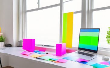 Ein heller, freundlicher Büroraum mit einem lächelnden Entwickler, der konzentriert vor einem Laptop sitzt, umgeben von modernen Displays und farbenfrohen Post-its, während warmes Tageslicht durch große Fenster flutet und eine produktive, einladende Atmosphäre schafft.