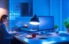 In einem hell erleuchteten, modernen Büro sitzt eine nachdenkliche junge Frau vor einem Laptop, umgeben von sanft warmem Tageslicht, während im Hintergrund unscharf ein digital vernetzter Globus mit leuchtenden Verbindungslinien die unsichtbare, subtile Macht der Künstlichen Intelligenz auf unsere Meinungsbildung symbolisiert.
