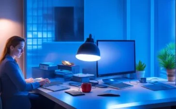 In einem hell erleuchteten, modernen Büro sitzt eine nachdenkliche junge Frau vor einem Laptop, umgeben von sanft warmem Tageslicht, während im Hintergrund unscharf ein digital vernetzter Globus mit leuchtenden Verbindungslinien die unsichtbare, subtile Macht der Künstlichen Intelligenz auf unsere Meinungsbildung symbolisiert.