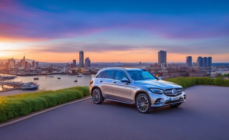 Ein strahlender Mercedes-Benz GLC parkt vor einem sonnenbeschienenen, modernen Stadtpanorama, das durch warmes, natürliches Licht beleuchtet wird und die klassischen, eleganten Linien des SUV mit seiner markanten Front und vertrauten Silhouette emotional und einladend in Szene setzt.