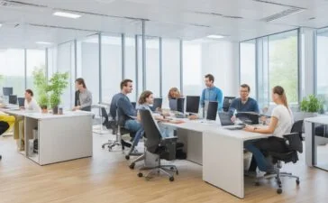 Ein modernes, sonnendurchflutetes Büro mit einem engagierten Entwicklerteam in entspannter Atmosphäre, das flexibel an Laptops und Screens arbeitet und dabei konzentriert Lösungen für komplexe Softwarearchitekturen diskutiert – ein Bild von Zusammenarbeit, Innovation und der warmen Dynamik erfolgreicher Micro-Frontend-Projekte.