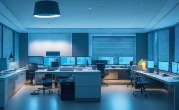 Ein hell erleuchteter Arbeitsplatz eines kleinen Entwicklerteams: zwei Personen in entspannter Atmosphäre vor modernen Monitoren mit Code, umgeben von warmem Tageslicht und minimalistischem, aufgeräumtem Interieur, das Kreativität und fokussiertes Zusammenarbeiten auf Augenhöhe ausstrahlt.