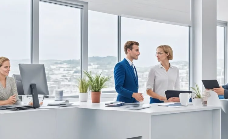 Ein sonnendurchflutetes, modernes Büro mit warmen Holztönen, in dem ein Team junger Entwickler konzentriert an Laptops arbeitet und dabei mit einem Tablet die nahtlose Integration von Cloud-Technologien und Desktop-Apps visualisiert – die Szene strahlt lebendige Zusammenarbeit, technologische Innovation und freundliche Produktivität aus.