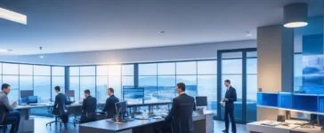 In einem hell erleuchteten, modernen Büro sitzt ein nachdenklich lächelnder Mann mittleren Alters in legerer Businesskleidung vor einem großen Bildschirm voller Daten und schematischer KI-Grafiken, während warmes Tageslicht durch große Fenster fällt und eine Atmosphäre von fokussierter Zuversicht und aufkeimender Innovation schafft.