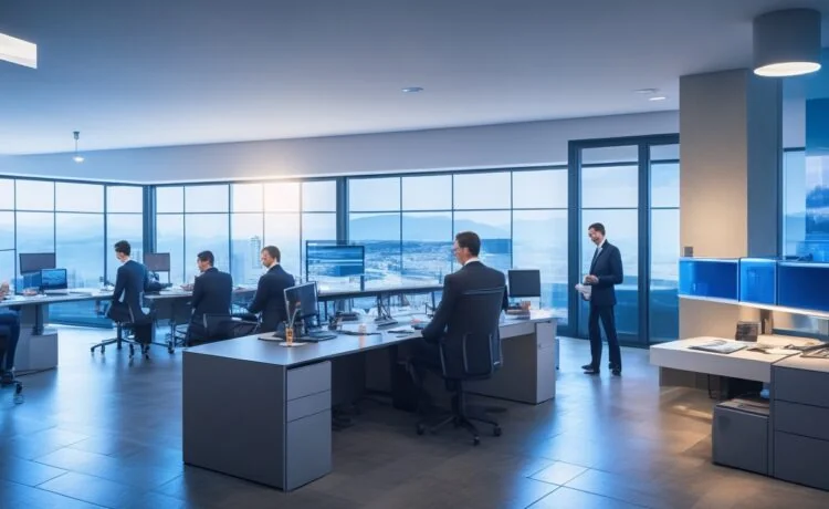 In einem hell erleuchteten, modernen Büro sitzt ein nachdenklich lächelnder Mann mittleren Alters in legerer Businesskleidung vor einem großen Bildschirm voller Daten und schematischer KI-Grafiken, während warmes Tageslicht durch große Fenster fällt und eine Atmosphäre von fokussierter Zuversicht und aufkeimender Innovation schafft.