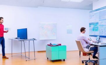 In einem hell erleuchteten, modernen Büro lächelt ein Softwareentwickler entspannt beim fokussierten Arbeiten am Laptop, umgeben von Notizen und einem übersichtlichen Whiteboard mit schematischen Skizzen – ein einladendes Bild für innovative Testing-Methoden jenseits von Mocking.