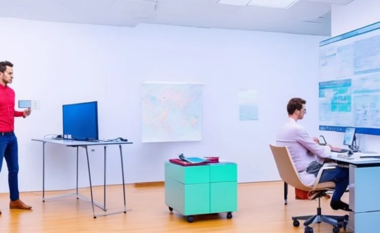 In einem hell erleuchteten, modernen Büro lächelt ein Softwareentwickler entspannt beim fokussierten Arbeiten am Laptop, umgeben von Notizen und einem übersichtlichen Whiteboard mit schematischen Skizzen – ein einladendes Bild für innovative Testing-Methoden jenseits von Mocking.