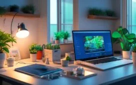 Ein lichtdurchflutetes, modernes Home-Office mit warmem Holztisch und lebendiger Pflanzenkulisse, auf dem ein aufgeschlagenes Laptop mit komplexen Programmiercode- und App-Icons zu sehen ist, während eine entspannte Person im Hintergrund nachdenklich und fokussiert lächelt und so die subtile Spannung zwischen digitaler Kreativität und rechtlichen Grenzen einfühlsam widerspiegelt.