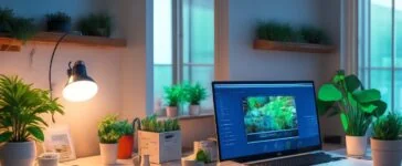 Ein lichtdurchflutetes, modernes Home-Office mit warmem Holztisch und lebendiger Pflanzenkulisse, auf dem ein aufgeschlagenes Laptop mit komplexen Programmiercode- und App-Icons zu sehen ist, während eine entspannte Person im Hintergrund nachdenklich und fokussiert lächelt und so die subtile Spannung zwischen digitaler Kreativität und rechtlichen Grenzen einfühlsam widerspiegelt.