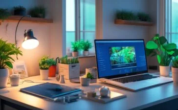 Ein lichtdurchflutetes, modernes Home-Office mit warmem Holztisch und lebendiger Pflanzenkulisse, auf dem ein aufgeschlagenes Laptop mit komplexen Programmiercode- und App-Icons zu sehen ist, während eine entspannte Person im Hintergrund nachdenklich und fokussiert lächelt und so die subtile Spannung zwischen digitaler Kreativität und rechtlichen Grenzen einfühlsam widerspiegelt.