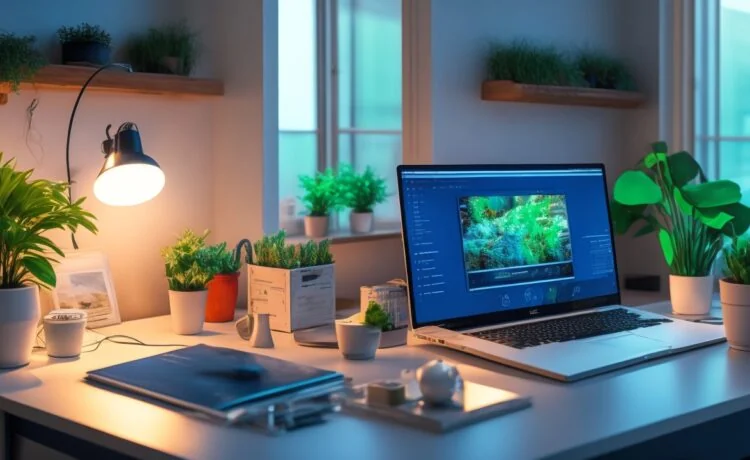 Ein lichtdurchflutetes, modernes Home-Office mit warmem Holztisch und lebendiger Pflanzenkulisse, auf dem ein aufgeschlagenes Laptop mit komplexen Programmiercode- und App-Icons zu sehen ist, während eine entspannte Person im Hintergrund nachdenklich und fokussiert lächelt und so die subtile Spannung zwischen digitaler Kreativität und rechtlichen Grenzen einfühlsam widerspiegelt.