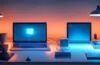 In einem hell erleuchteten, modernen Büroraum arbeitet ein freundliches Entwicklerteam konzentriert an Laptops und Tablets, umgeben von warmem Tageslicht und minimalistischer Technik, das lebendige Zusammenspiel von Innovation und menschlicher Kreativität symbolisierend.