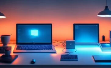 In einem hell erleuchteten, modernen Büroraum arbeitet ein freundliches Entwicklerteam konzentriert an Laptops und Tablets, umgeben von warmem Tageslicht und minimalistischer Technik, das lebendige Zusammenspiel von Innovation und menschlicher Kreativität symbolisierend.