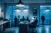 Ein freundliches, hell erleuchtetes Büro mit einem engagierten Technikteam, das konzentriert und zuversichtlich an Laptops arbeitet, während warme Tageslichtstrahlen durch große Fenster fallen und eine Atmosphäre von Zusammenarbeit und Innovation im Angesicht digitaler Herausforderungen schaffen.