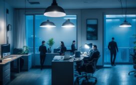 Ein freundliches, hell erleuchtetes Büro mit einem engagierten Technikteam, das konzentriert und zuversichtlich an Laptops arbeitet, während warme Tageslichtstrahlen durch große Fenster fallen und eine Atmosphäre von Zusammenarbeit und Innovation im Angesicht digitaler Herausforderungen schaffen.