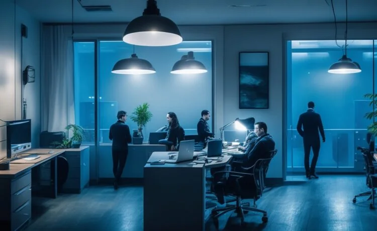 Ein freundliches, hell erleuchtetes Büro mit einem engagierten Technikteam, das konzentriert und zuversichtlich an Laptops arbeitet, während warme Tageslichtstrahlen durch große Fenster fallen und eine Atmosphäre von Zusammenarbeit und Innovation im Angesicht digitaler Herausforderungen schaffen.