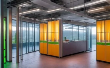 Ein warm erleuchteter, moderner Serverraum in einem nachhaltigen Rechenzentrum, in dem Sonnenlicht durch große Fenster fällt und sanfte Farbtöne von glänzenden Metallflächen und grüner Technik den Fokus auf innovative Abwärmenutzung und ökologische Zukunftstechnologie setzen.